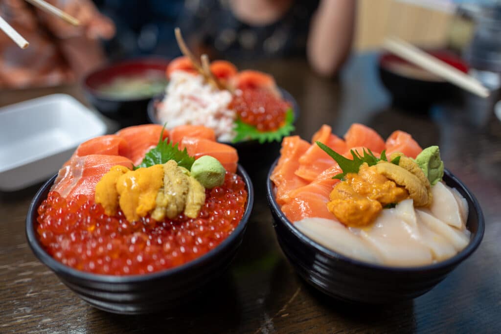 Seafood bowls at Sankaku Market Otaru